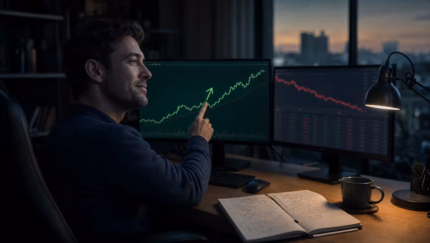 Trader pointing proudly at a correct chart prediction while a losing account balance glows unnoticed on the second monitor.