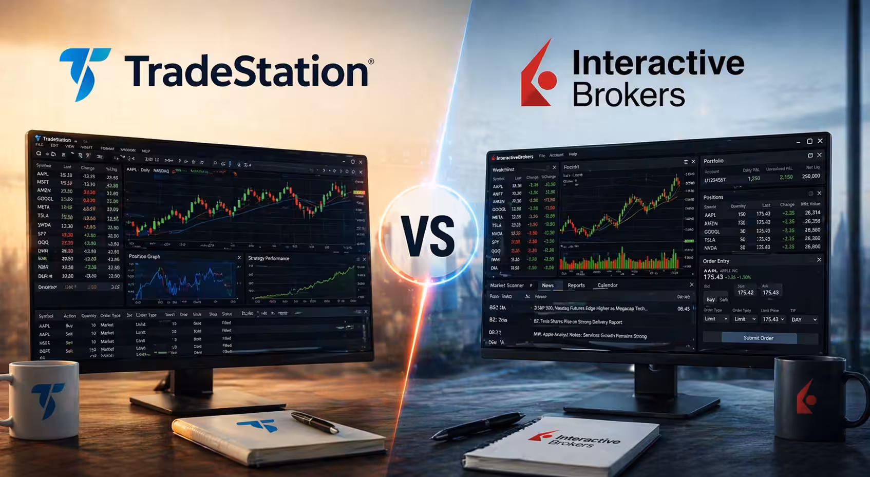Side-by-side comparison of TradeStation and Interactive Brokers trading platforms with charts and market data displayed on dual monitors in a modern office