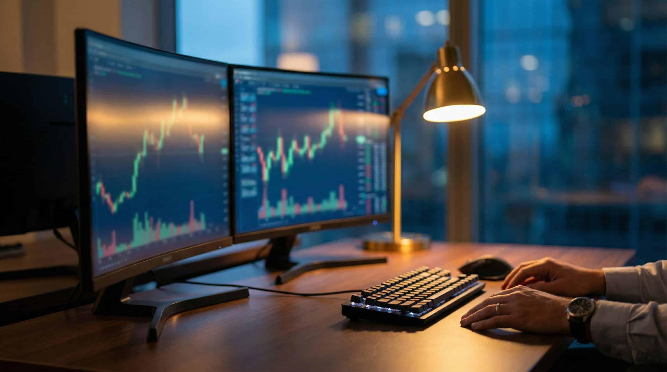 Vertical credit spreads assignment risk trading setup with dual monitors showing options chain data
