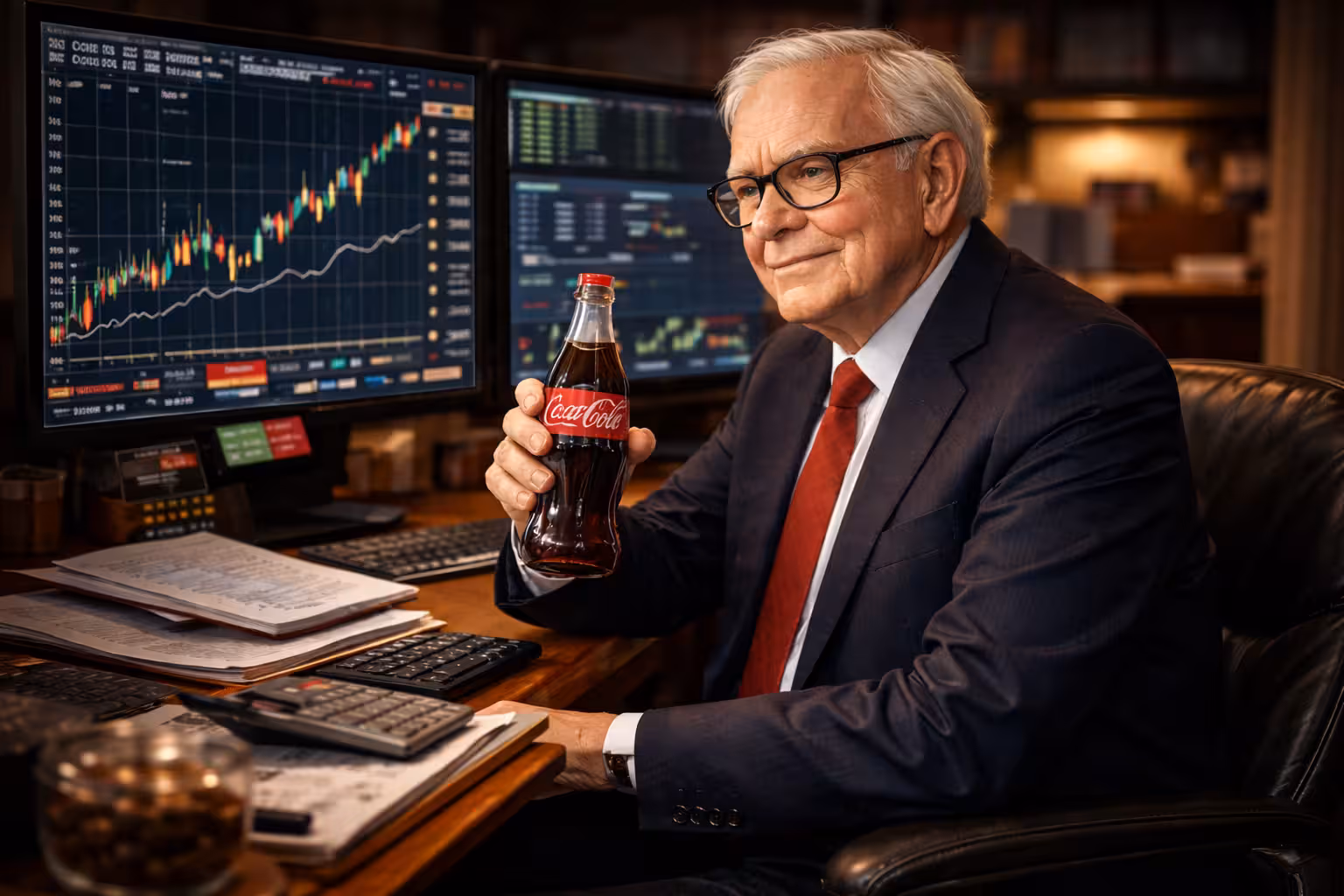 Warren Buffett analyzing Coca-Cola stock and long-term options strategy