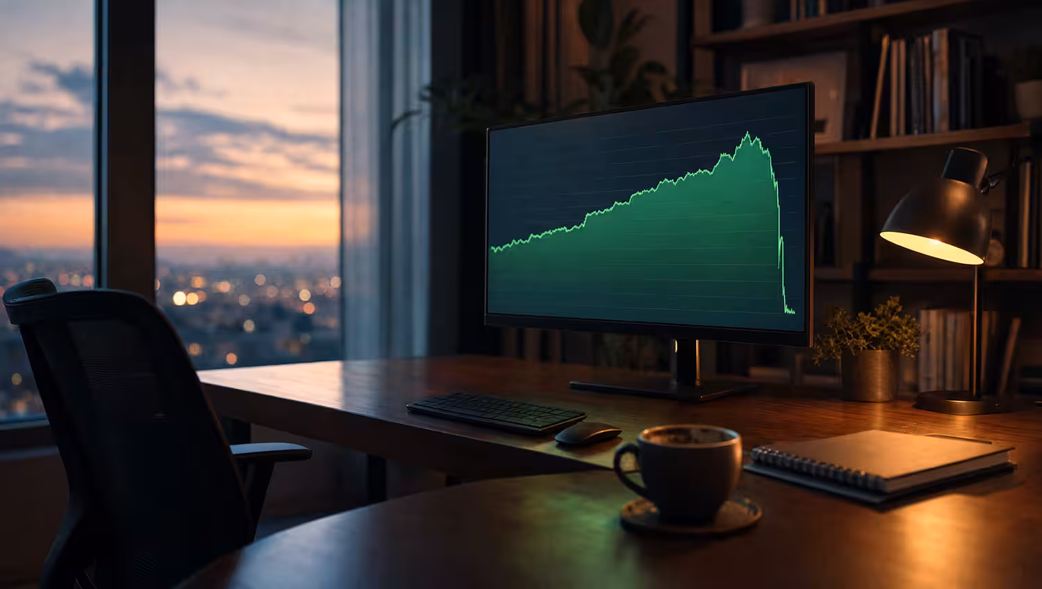 Empty home office desk at dusk with a monitor showing a steadily rising equity curve that drops sharply at the right edge.