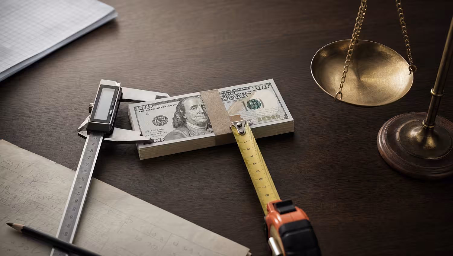 Measuring money next to scale depicting portfolio allocation