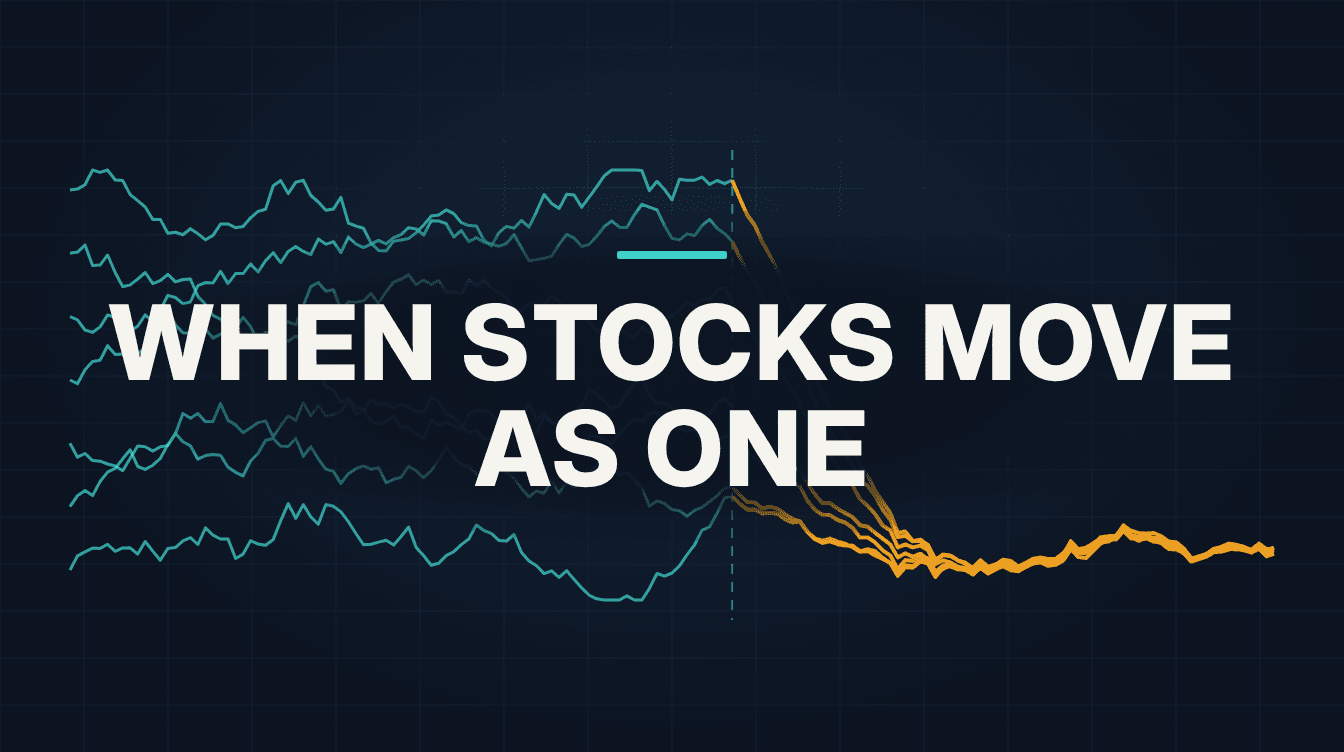 Several stock price lines wandering apart on the left, then converging and moving together in one tight amber bundle on the