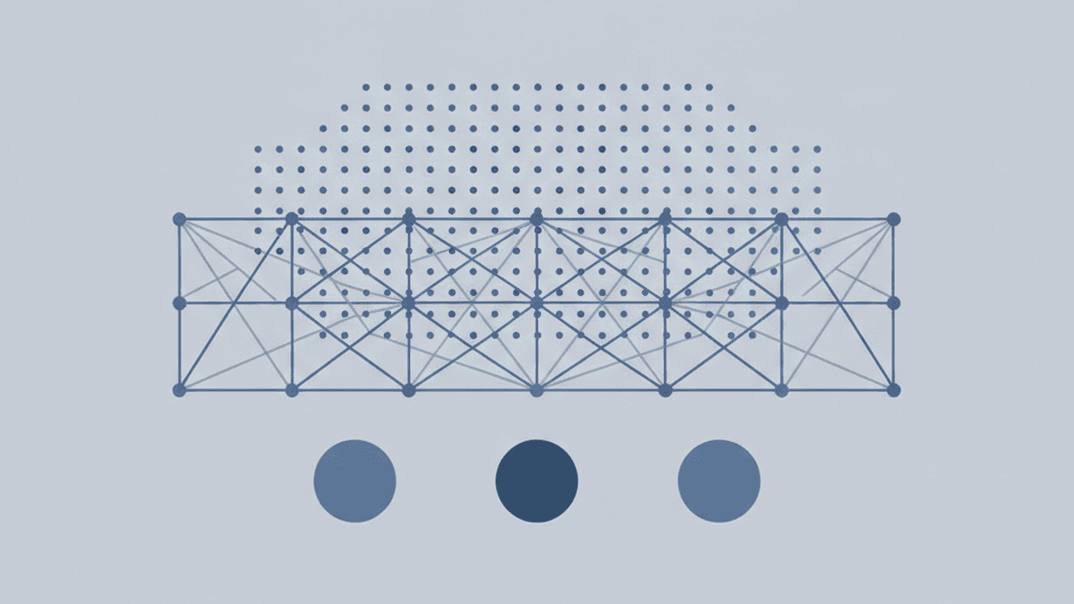 an abstract mesh filter with many small dots above it and three larger dots below, flat geometric diagram