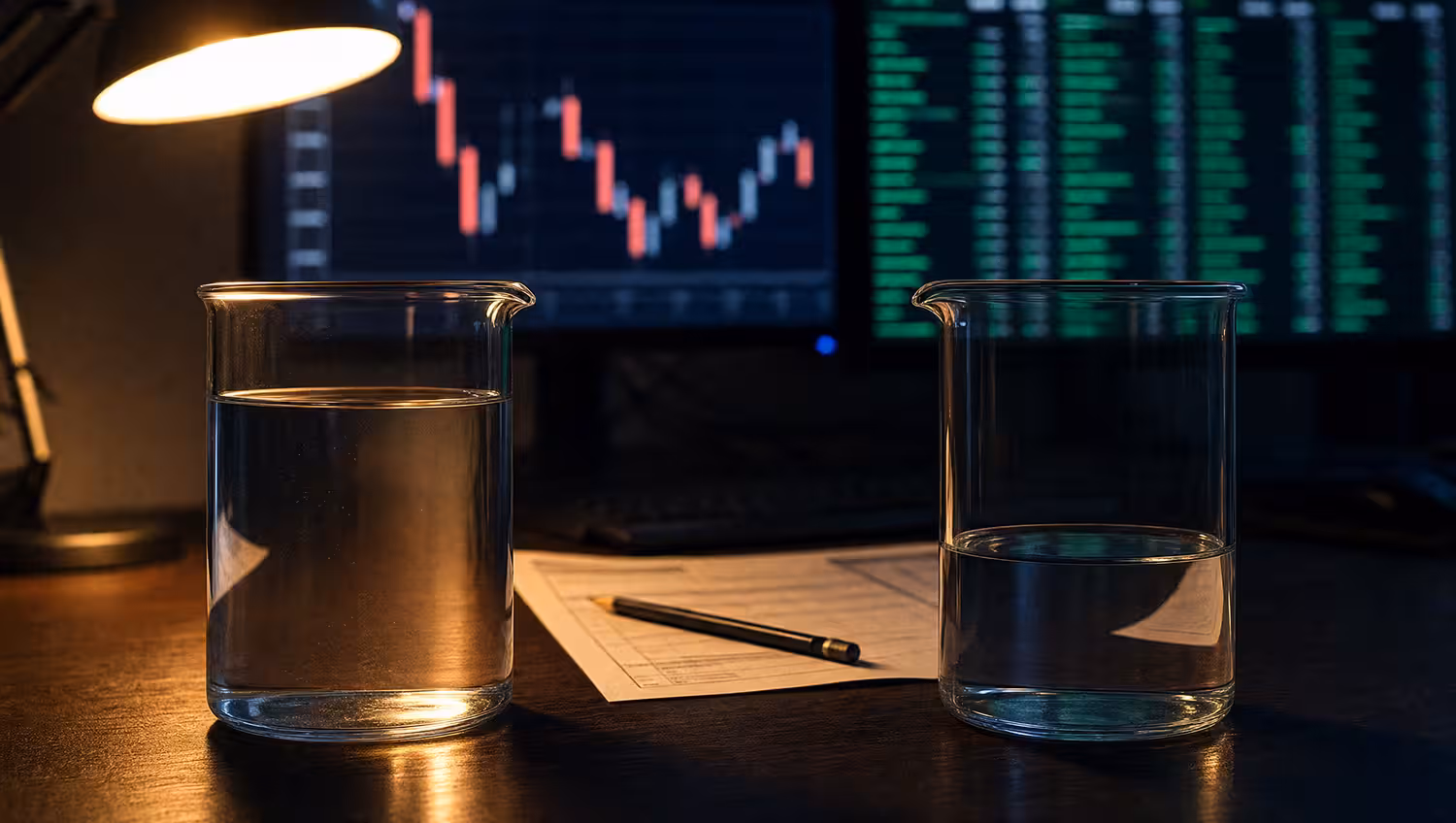 Two glass beakers filled to different levels on a trading desk, with monitors behind them showing a short interest chart and an options flow ticker.