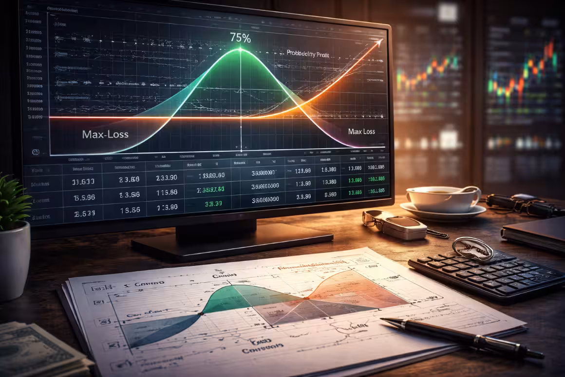 A photorealistic widescreen image showing probability curves and payoff diagrams on a trading monitor, with analytical notes and tools on a desk, illustrating high-probability options strategies for passive income.