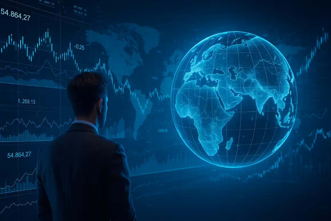 Futuristic market outlook concept with a financial analyst viewing a holographic globe and digital stock charts, symbolizing global trading trends and future economic insights.