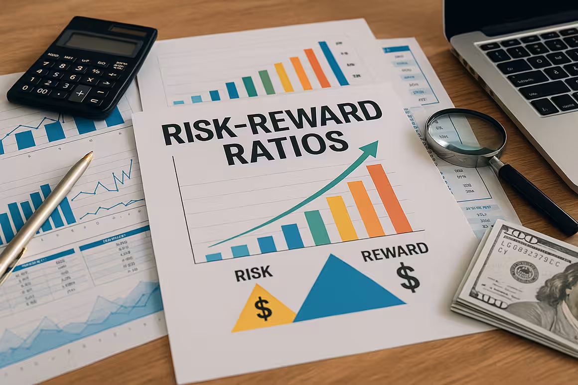 Photorealistic financial workspace featuring charts, risk-reward ratio reports, calculator, pen, and money stack, symbolizing analysis of risk-reward ratios in options trading.