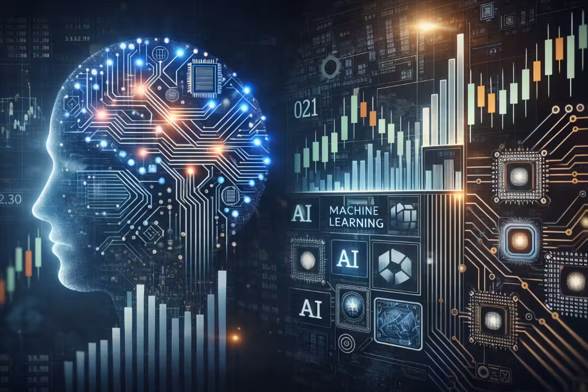Enterprise AI concept with digital human profile, circuit board design, and financial data charts on a modern analytics dashboard.
