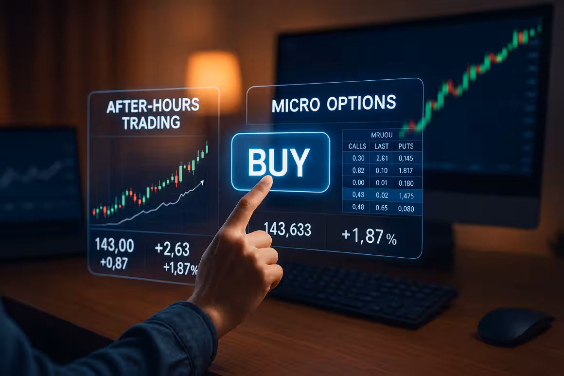 A photorealistic widescreen image of a trader interacting with glowing holographic financial panels showing after-hours activity, micro options data, and market charts in a modern workspace.