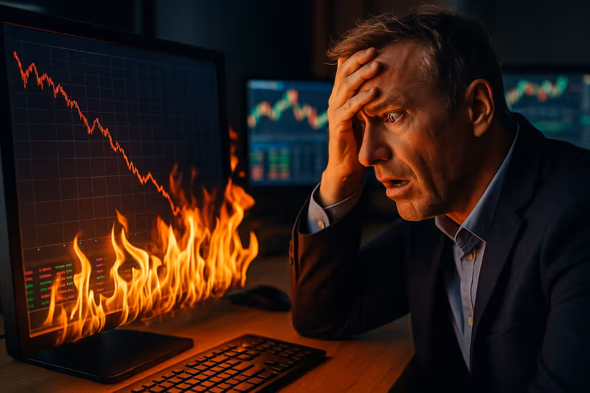 Photorealistic image of a stressed trader watching a burning stock chart on a monitor, symbolizing a blow-up and catastrophic losses in options trading.