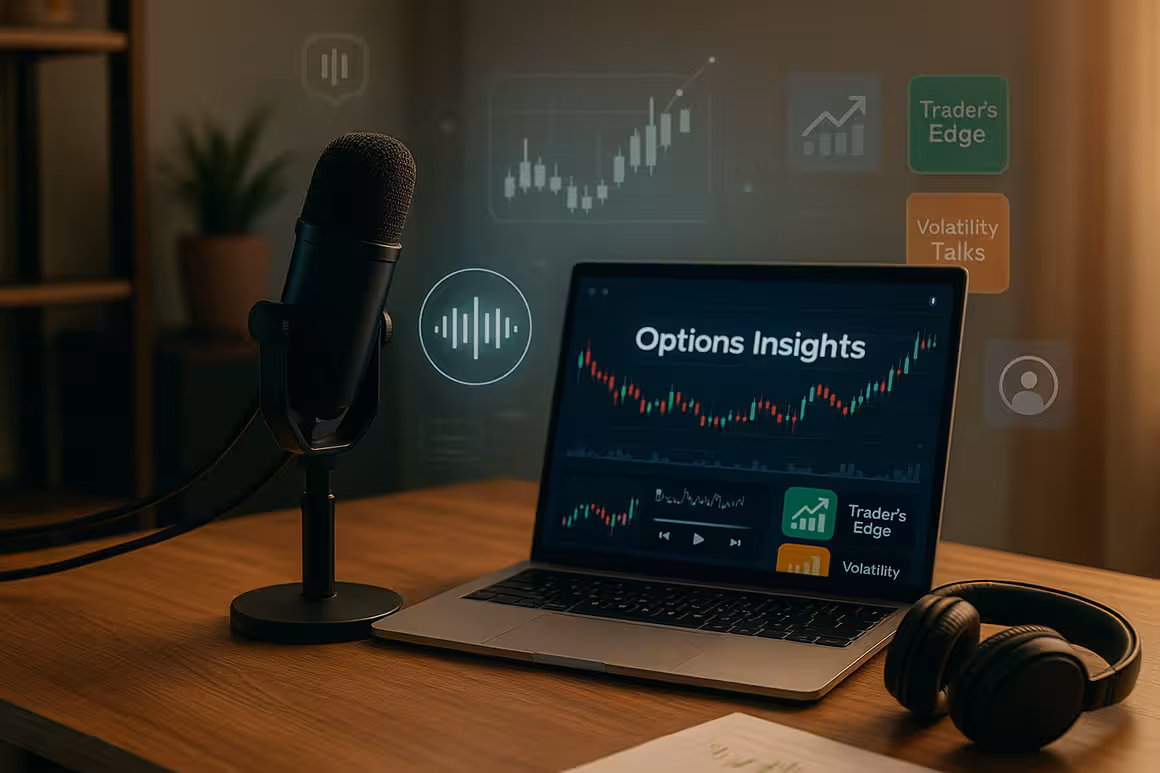 Photorealistic image of a podcasting and trading workspace featuring a black microphone on a boom arm, a pair of headphones, and a MacBook Pro on a wooden desk. The laptop screen displays a podcast titled “Options Insights” with financial charts and visual icons for other fictional podcasts like “Trader’s Edge” and “Volatility Talks.” The background includes soft natural lighting, a potted plant, and blurred shelving, creating a focused and professional atmosphere for learning and trading.