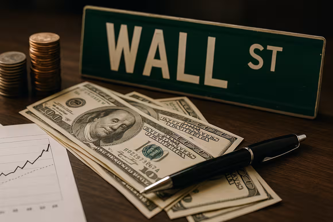 A high-resolution, photorealistic image showing a Wall Street sign on a dark wooden table, with stacks of coins, scattered hundred-dollar bills, a black ballpoint pen, and a financial line graph paper—all softly lit to emphasize financial themes and suggest tax strategy or investment activity.
