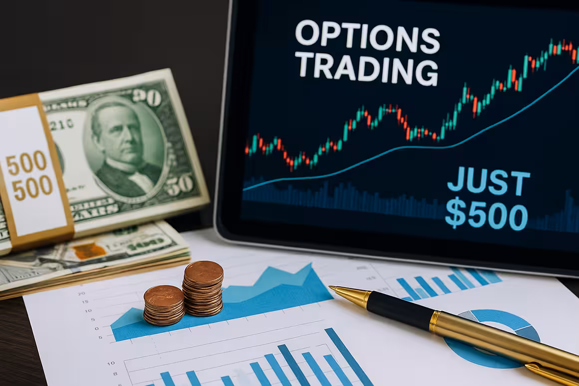 Photorealistic image showing financial analysis with charts, graphs, and a laptop, symbolizing trading options starting with just $500.