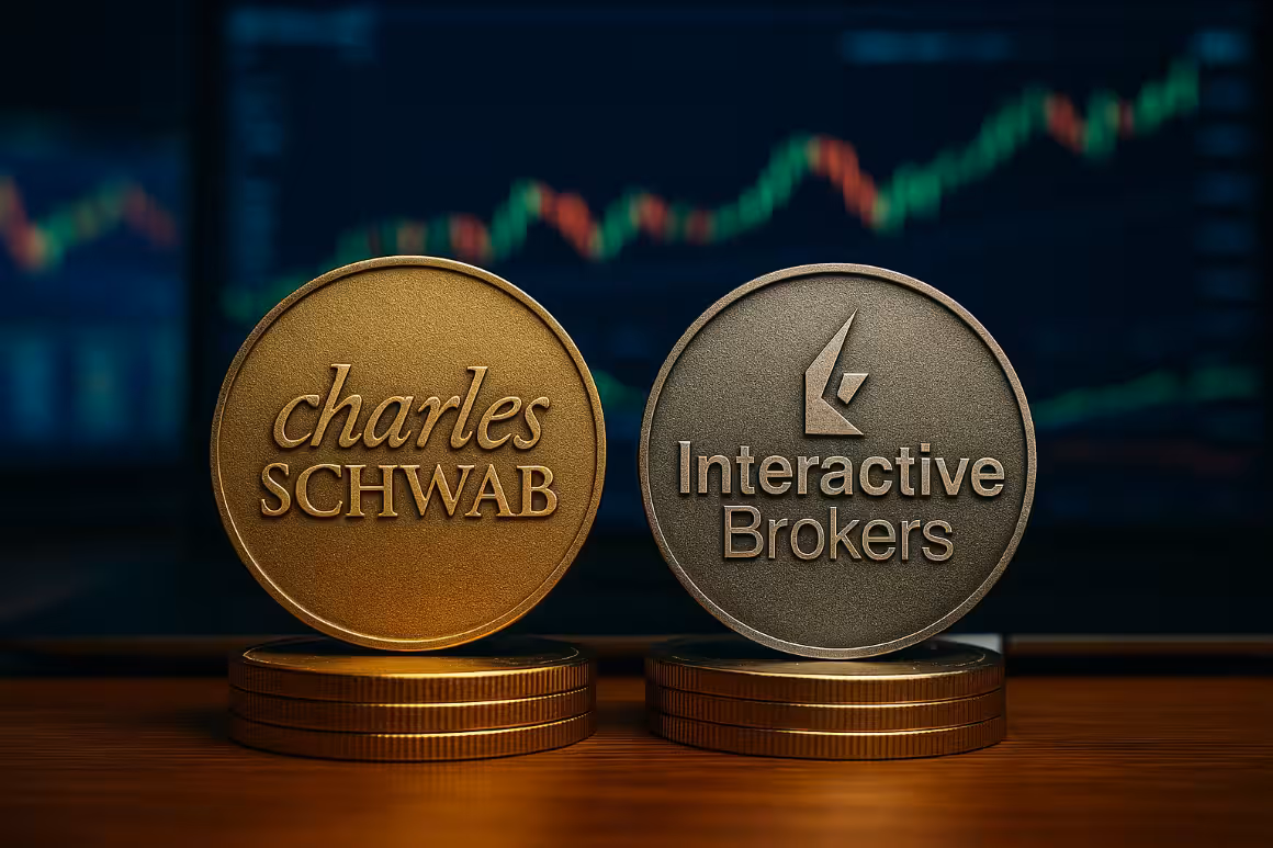 Photorealistic image of two metallic coins side by side, one engraved with ‘Charles Schwab’ in gold and the other with ‘Interactive Brokers’ in silver, placed on a wooden desk with blurred trading charts and financial graphs glowing in the background. Charles Schwab vs. Interactive Brokers