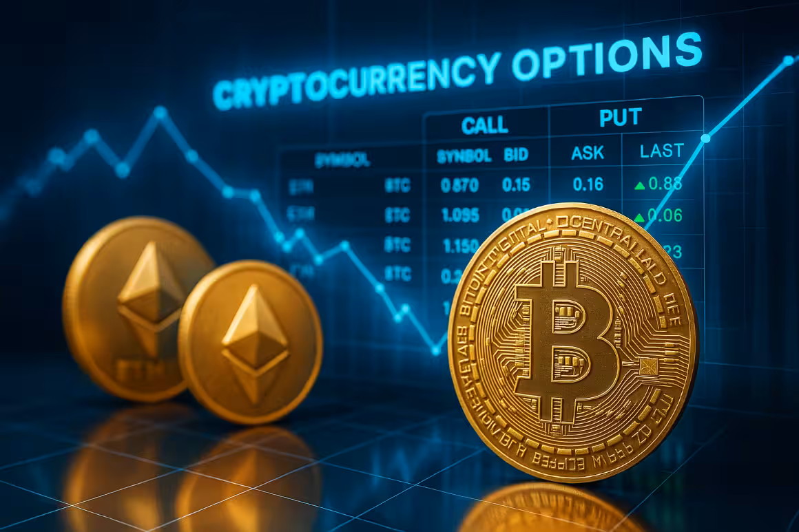 Photorealistic image of glowing Bitcoin and Ethereum holograms surrounded by digital trading charts and data streams, representing cryptocurrency options trading.