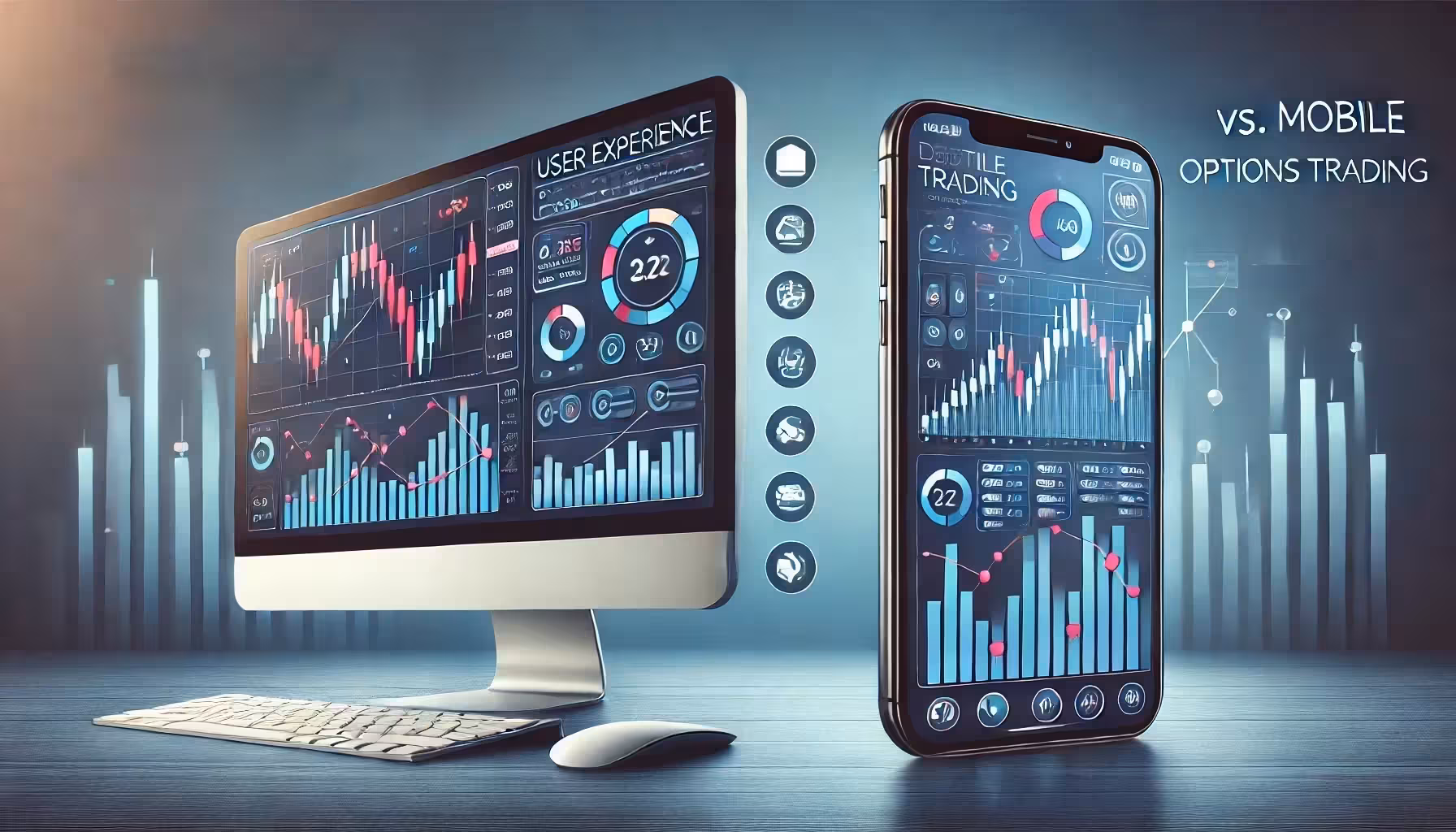 Minimalist image of a modern desk with a desktop computer, illustrating UX comparison for desktop vs. mobile trading.