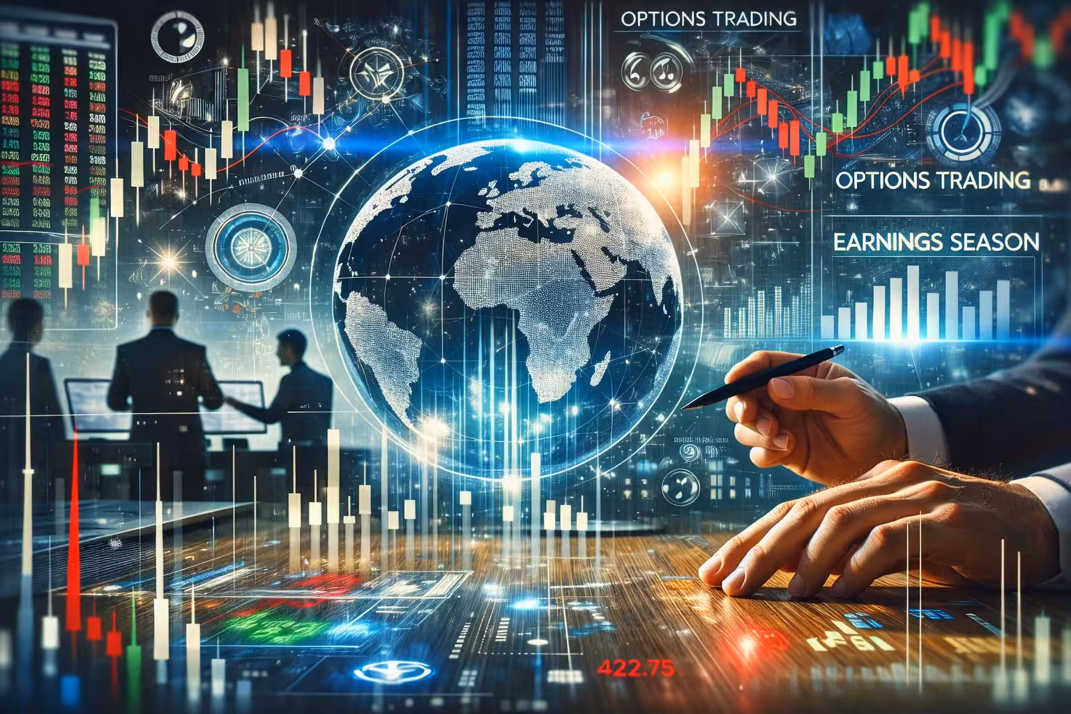 Global stock market data and charts during earnings season with traders analyzing options trading strategies.