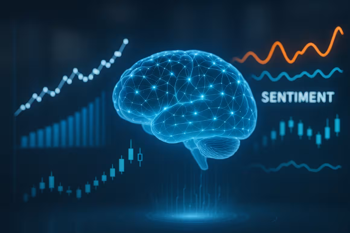 A photorealistic widescreen image of a glowing holographic AI brain surrounded by financial charts and sentiment data visuals, symbolizing AI-driven dynamic hedging in modern markets.