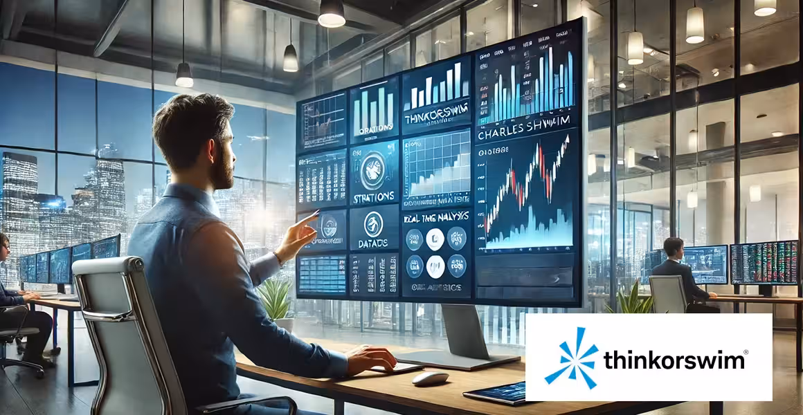 A man in a modern office analyzes data on multiple monitors showing graphs and charts, using Thinkorswim Options Analysis Features at night. The thinkorswim logo is visible in the corner.