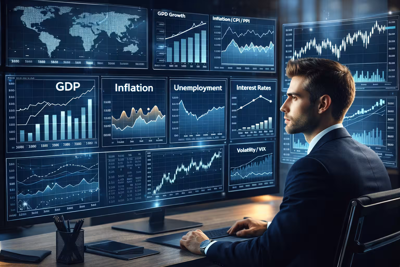Options trader analyzing economic indicators like GDP, inflation, interest rates, and volatility on multiple financial dashboards affecting options prices.