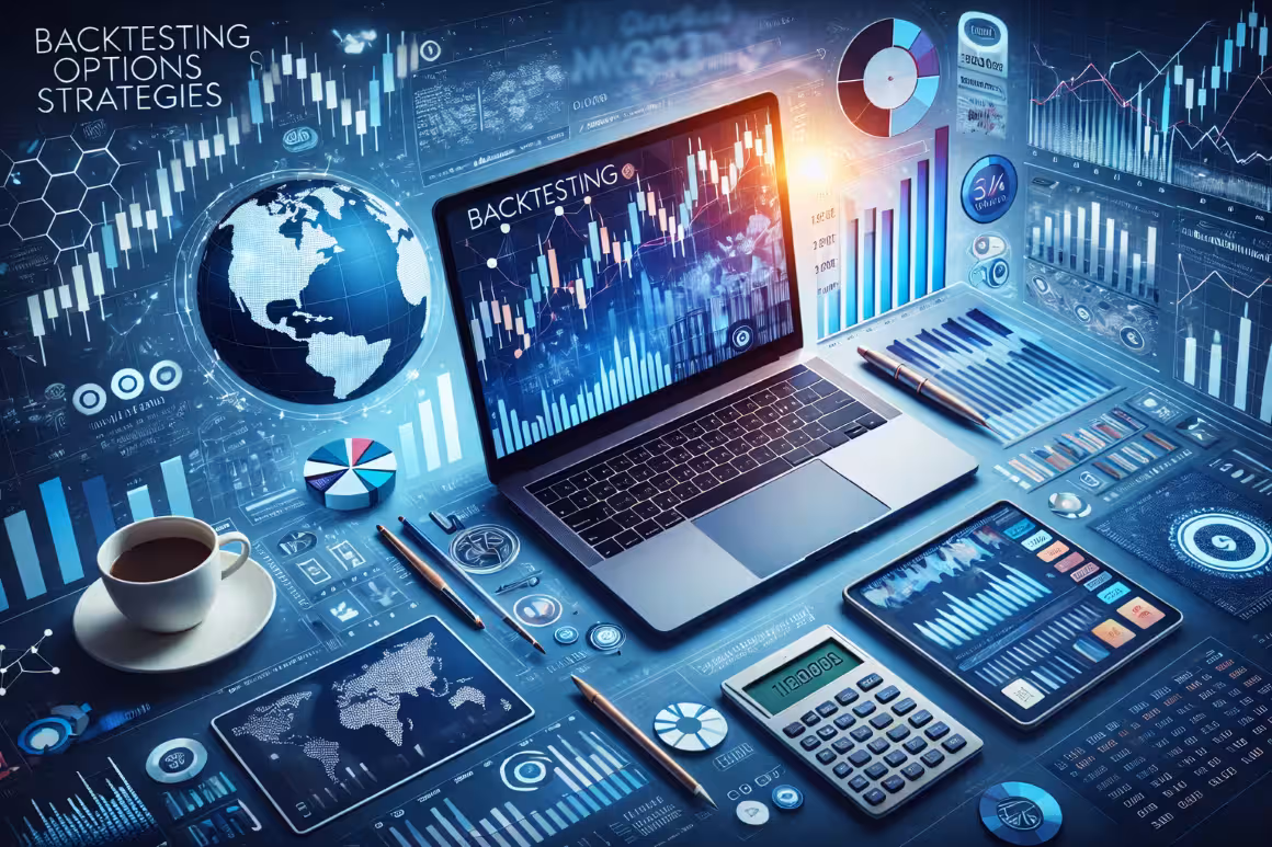 Backtesting options trading strategies on laptop with financial charts, candlestick graphs, and performance analytics dashboard.