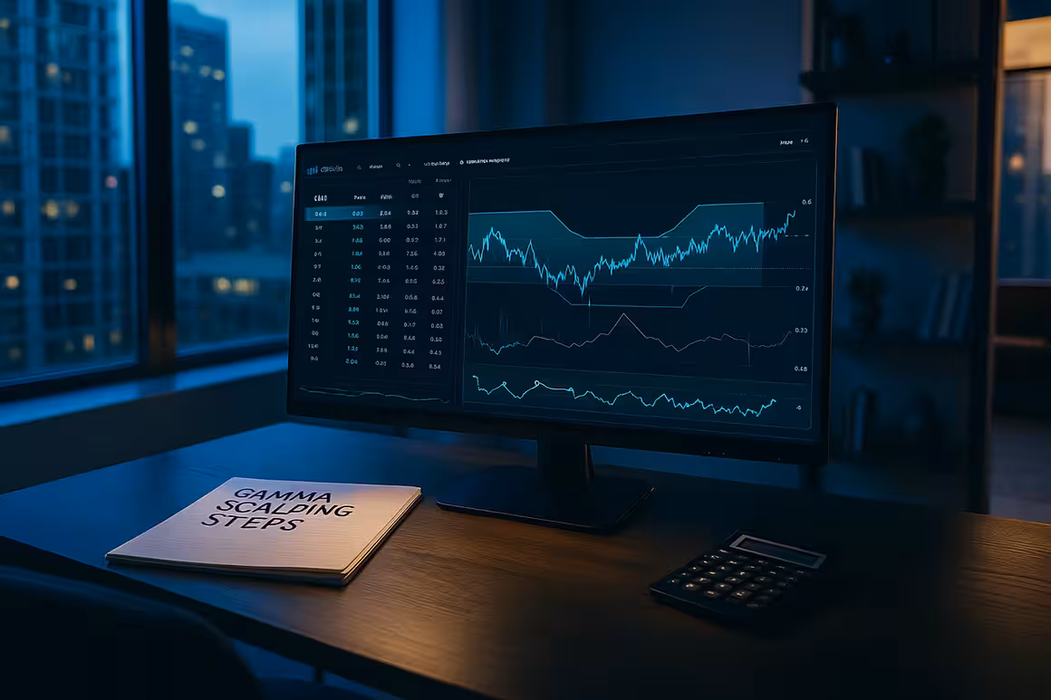 A widescreen, high-resolution photo of a sleek trading setup in a modern, high-rise apartment. A large monitor displays clean financial data and gamma scalping charts with price fluctuations and indicator overlays. On the dark wooden desk sits a black calculator and an open notebook titled “GAMMA SCALPING STEPS.” The room is lit with cool, ambient lighting and natural blue-toned light from tall windows overlooking a city skyline at dusk. The overall atmosphere is focused, futuristic, and professional.