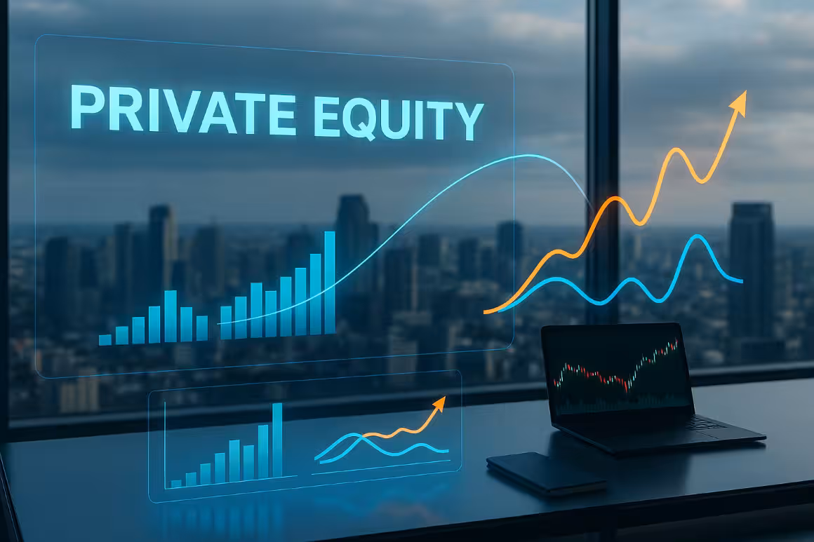 A photorealistic widescreen image of a modern office with holographic financial charts floating above a glass desk, illustrating private equity trends against a city skyline backdrop.