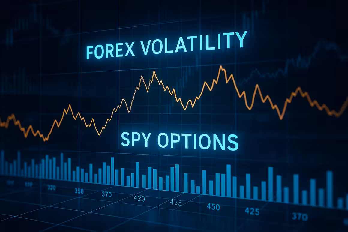 Futuristic widescreen digital visualization of global financial data, featuring overlapping currency charts, volatility heat maps, and SPY indicators with glowing analytics effects.