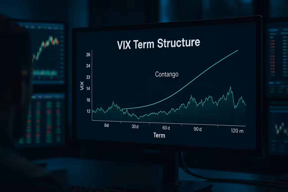 Photorealistic widescreen image of a trading workstation displaying VIX term structure charts, volatility curves, and market data on multiple high-tech monitors in a sleek, modern financial environment.
