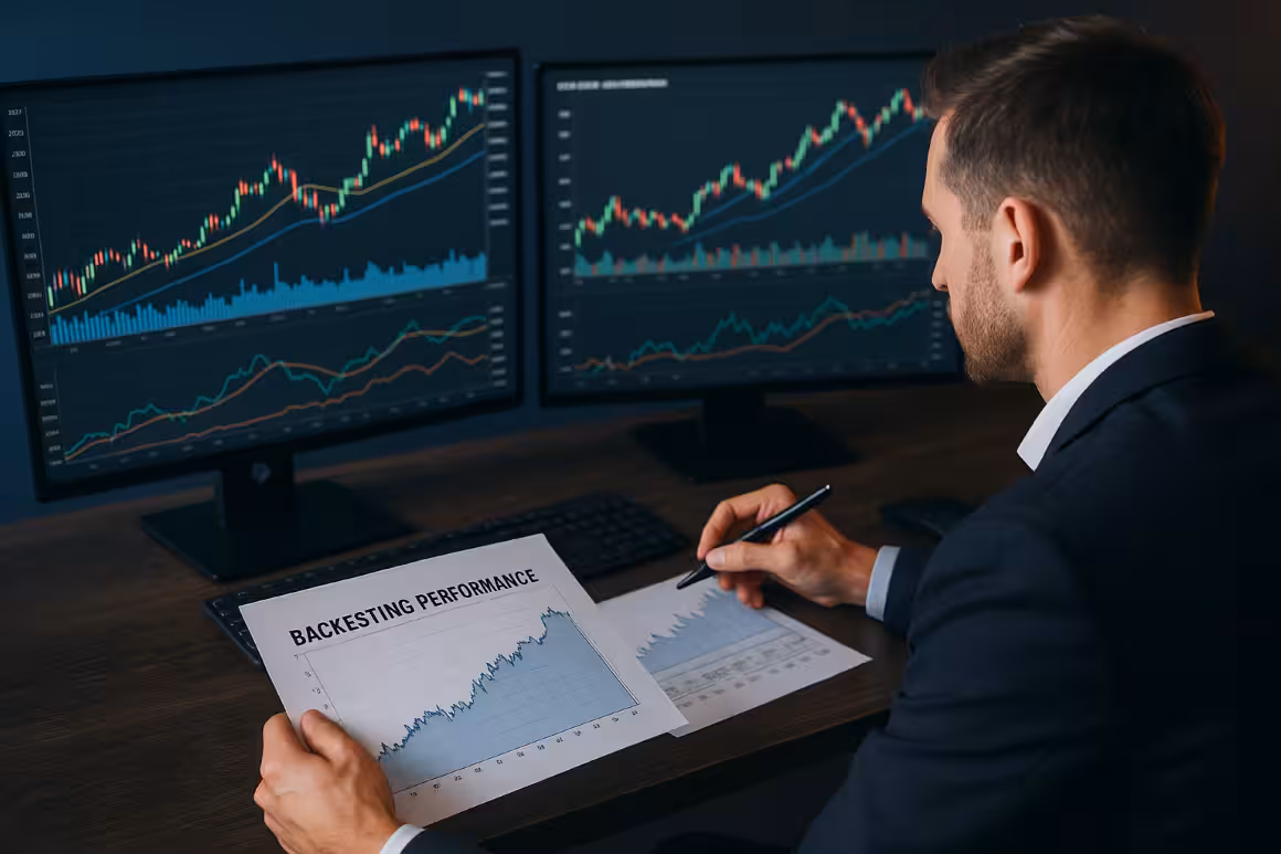 Trader analyzing backtest options strategies on multiple monitors with charts and performance graphs, representing data-driven options trading analysis.
