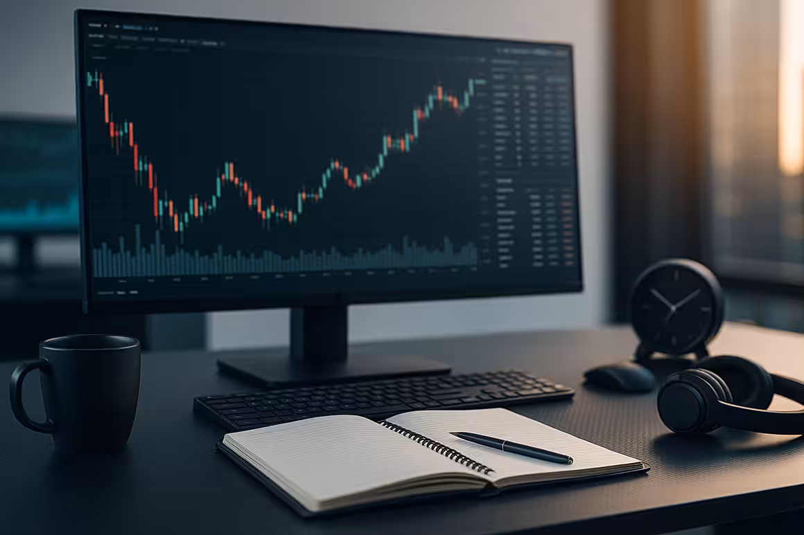 Modern photorealistic trading desk setup with a curved monitor displaying stock charts, sleek laptop, wireless keyboard, and minimalist design, symbolizing a structured trading routine.