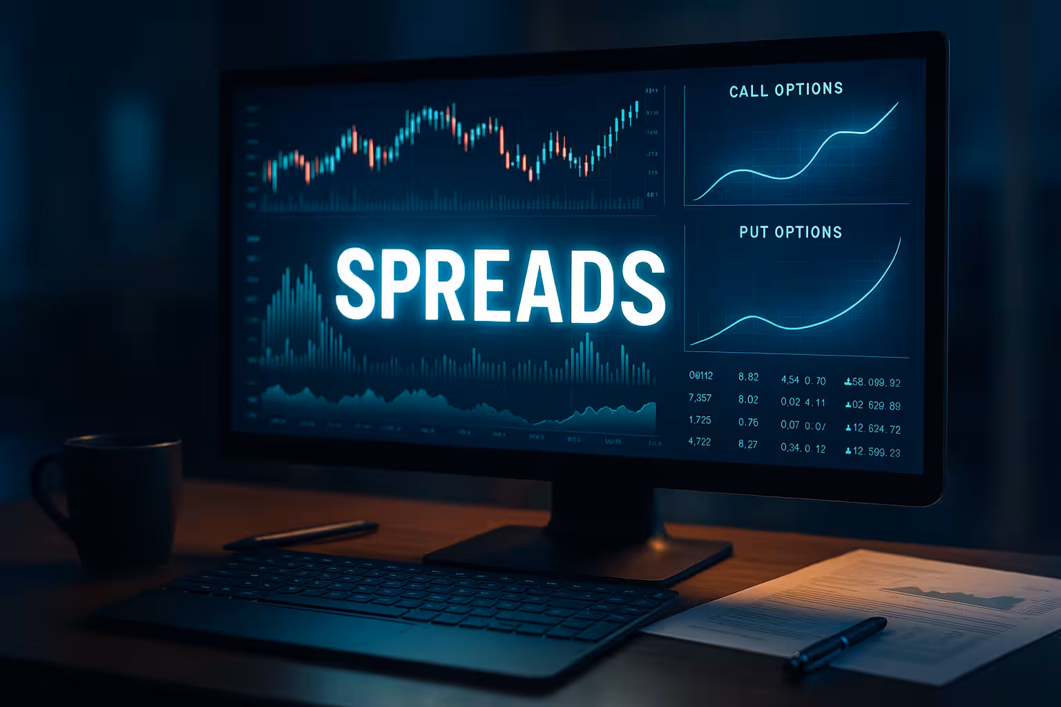 Eye-catching photorealistic image of a modern trading monitor displaying options spreads strategies with dynamic graphs, candlestick charts, and financial data.