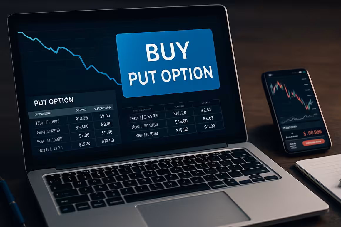 Photorealistic widescreen image showing a modern trading setup with a laptop displaying options trading charts, symbolizing buying your first put option.