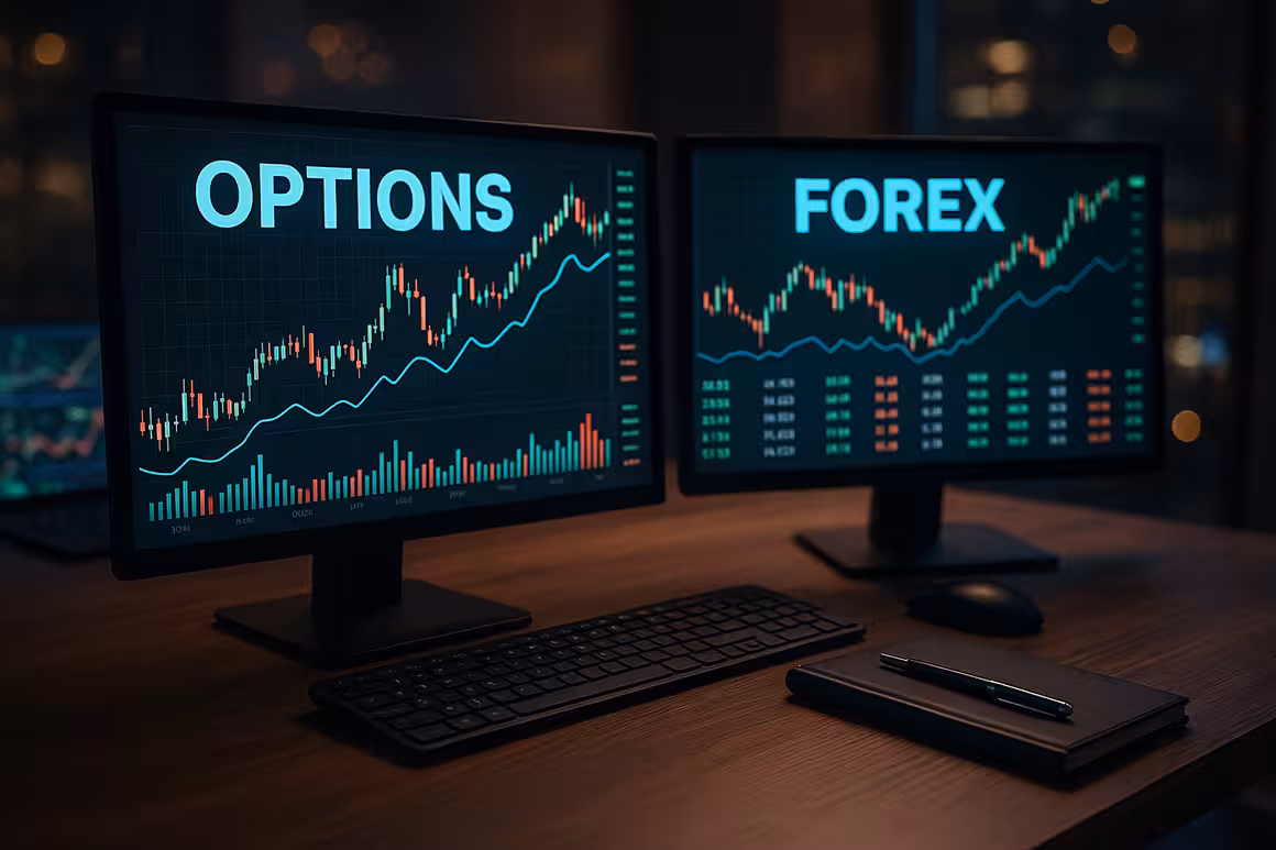Photorealistic widescreen image showing trading monitors with charts labeled Options and Forex, representing combined strategies in financial trading.