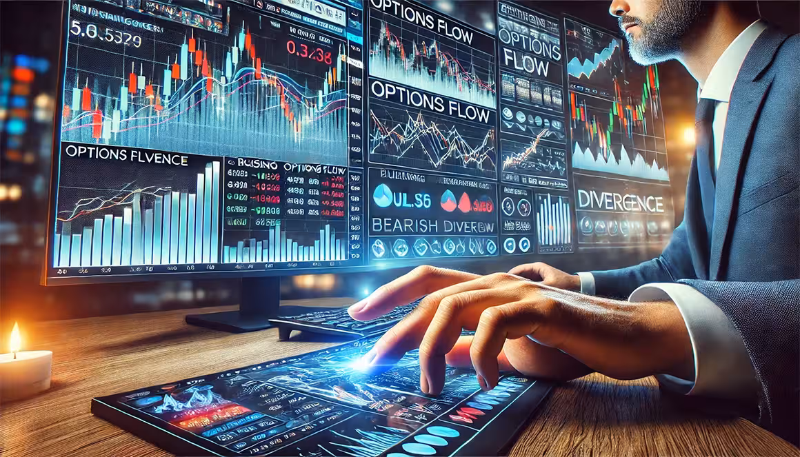 A person in a suit interacts with several screens displaying stock market graphs and analytics trying to spot the bullish and bearish divergences. The scene conveys a high-tech, focused financial environment.