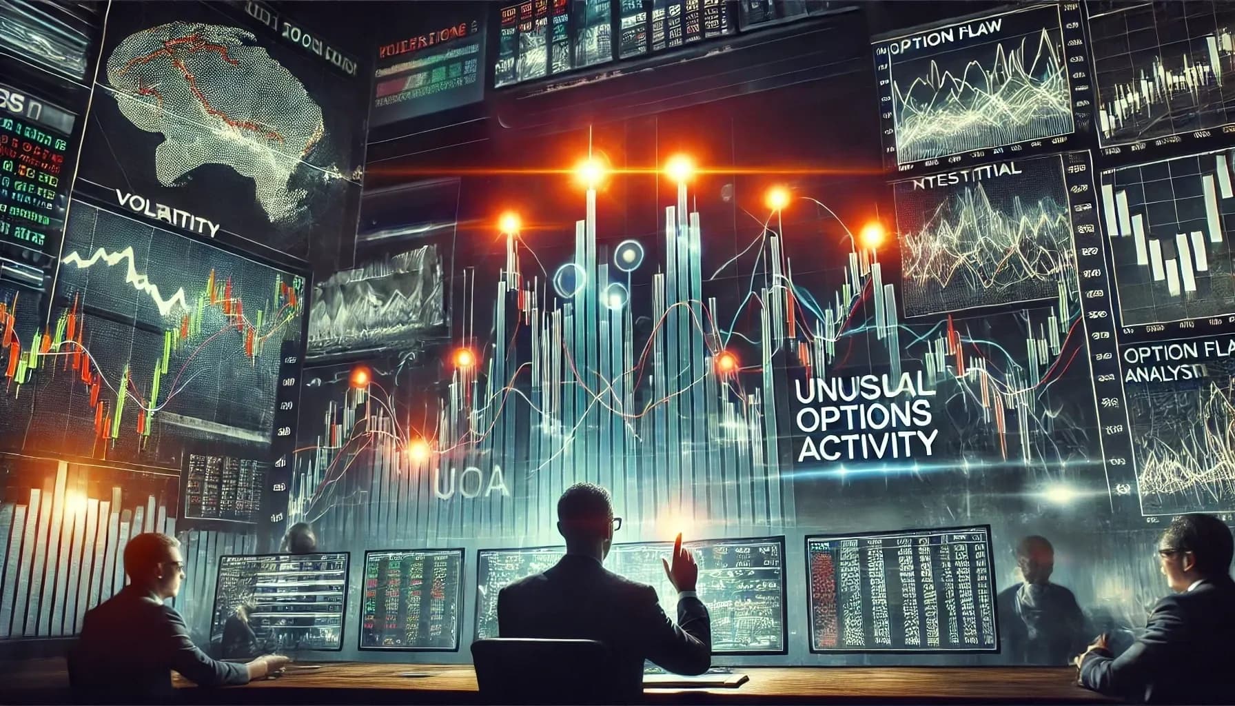 A highly detailed and visually engaging representation of unusual options activity (UOA) in the stock market. The image features a dynamic trading screen with large, highlighted spikes in options contract volume, marked by glowing indicators and alerts. A trader is seen closely analyzing these signals, following the movement of institutional money. The background consists of financial heat maps, volatility charts, and option flow analysis tools, emphasizing the significance of detecting unusual options activity for strategic trading. The aesthetic is sleek, data-driven, and focused on market insights.
