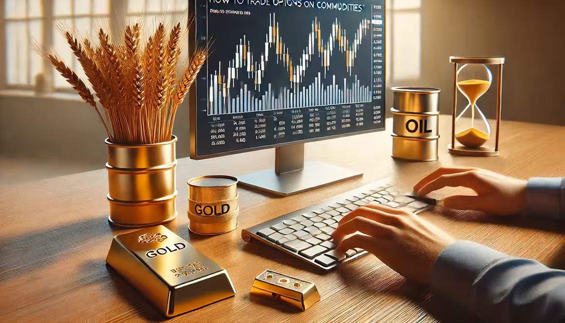 A person types at a keyboard on a desk with gold bars, wheat stalks, an oil canister, an hourglass, and a monitor displaying commodities charts.