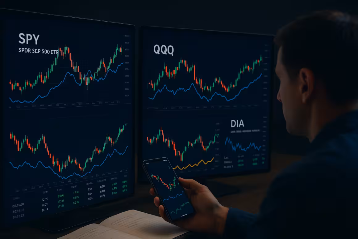 Photorealistic image of a trader at a desk analyzing multiple monitors showing SPY, QQQ, and DIA candlestick charts, symbolizing market correlations in options trading.