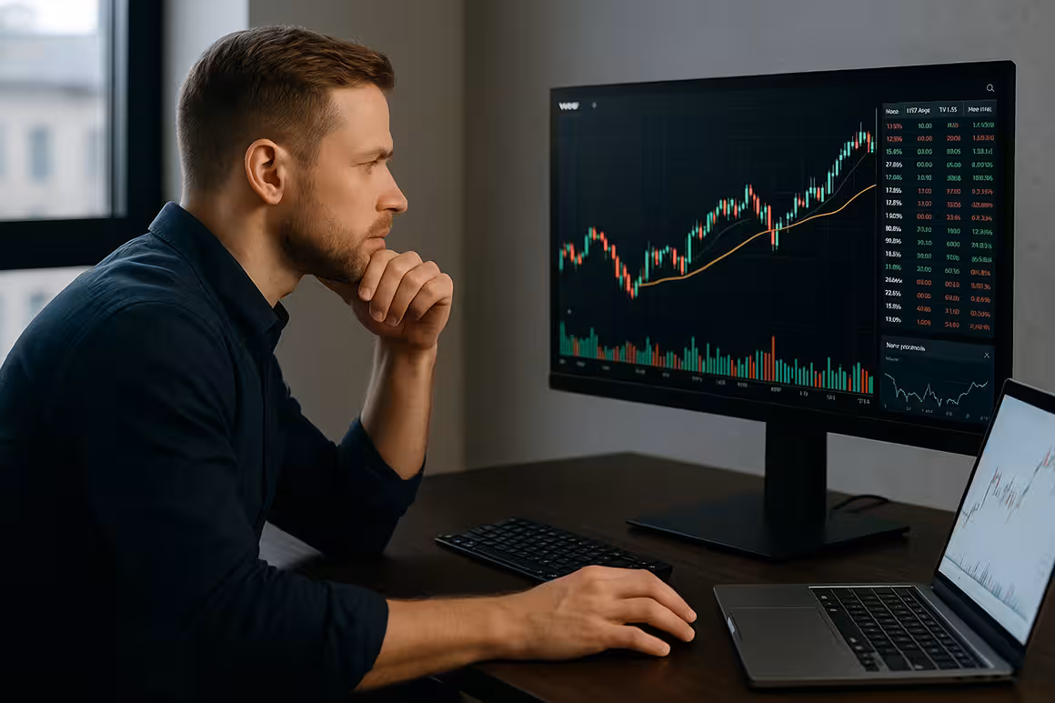 Photorealistic widescreen image of a professional trader monitoring VWAP and options charts on multiple screens in a high-tech trading environment.