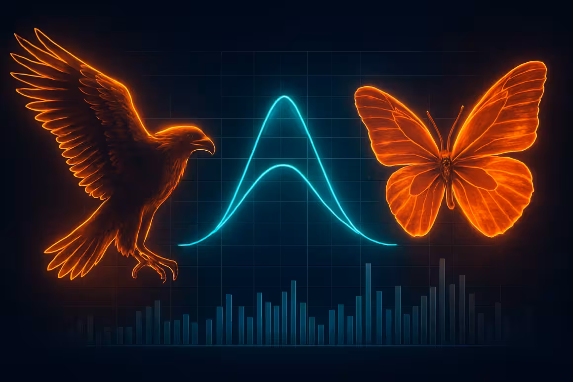 Photorealistic digital image of an Iron Condors and Butterflies strategies, showing a glowing financial graph with a bird and butterfly symbolizing neutral options trading in volatile markets.