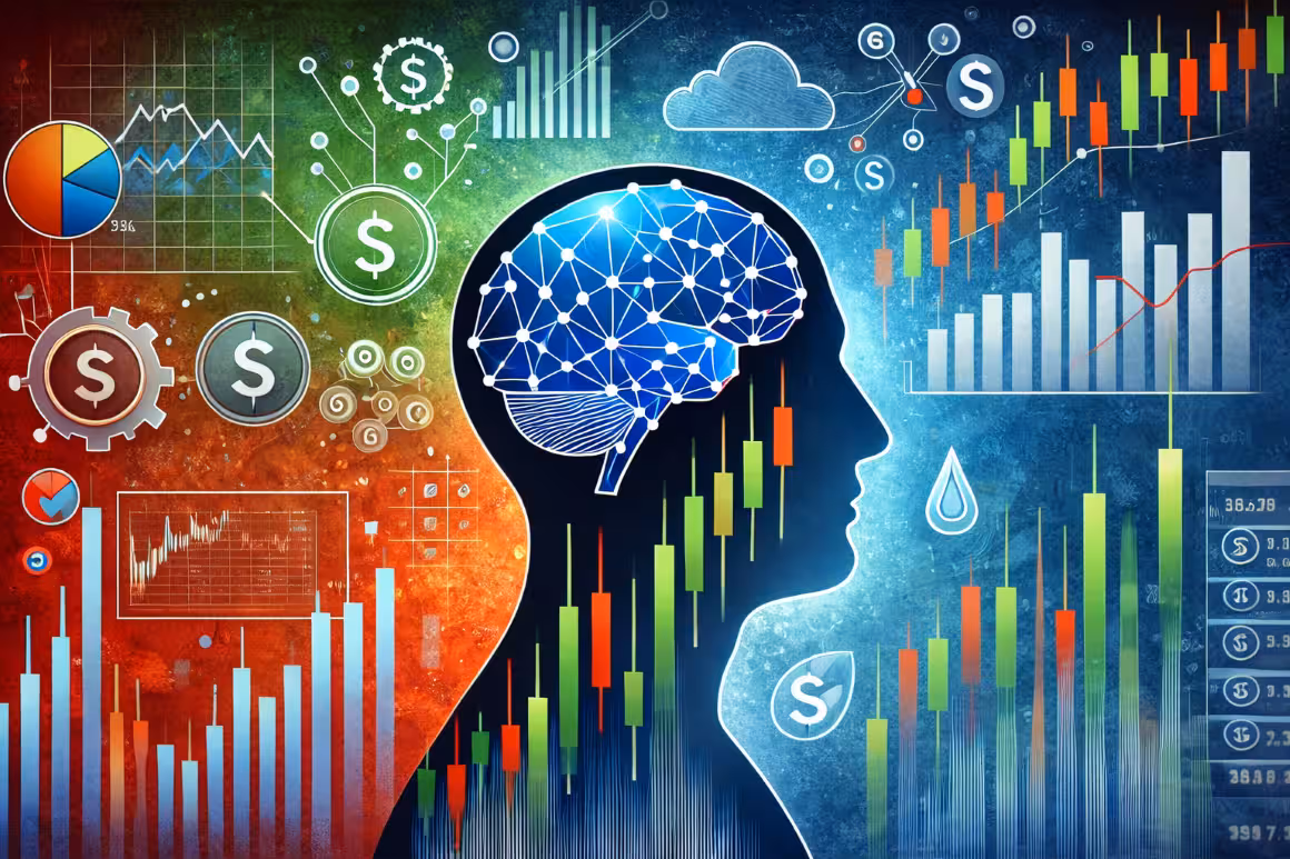 AI brain silhouette with stock market candlestick charts and financial data analytics visualization - Psychology of Options Trading