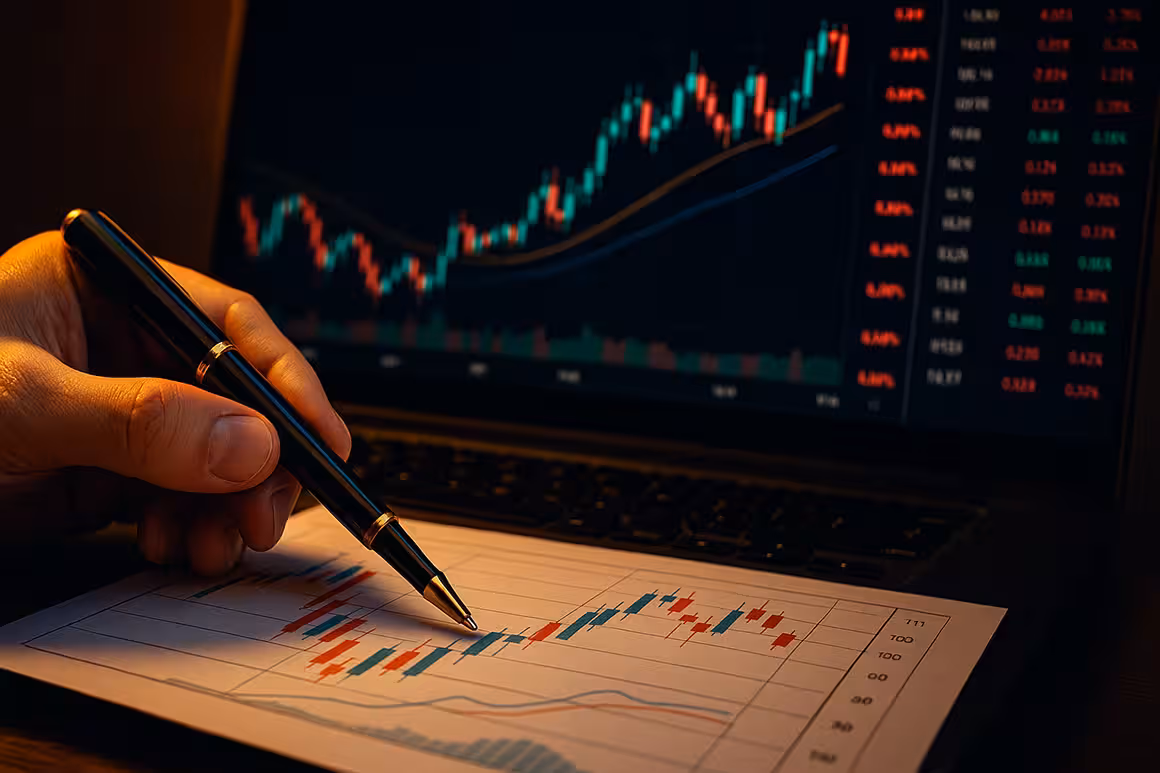 Hand with pen pointing at candlestick chart, laptop showing market data in background.