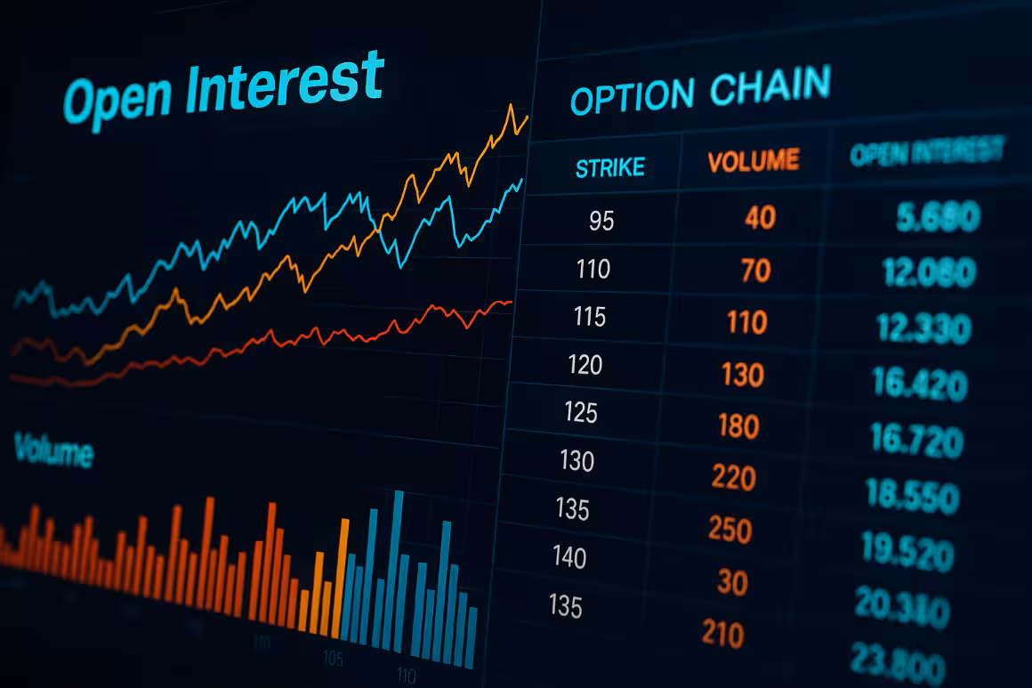 Photorealistic image of an option chain dashboard showing open interest and volume data with colorful market charts, representing how traders analyze volume imbalances in options trading.