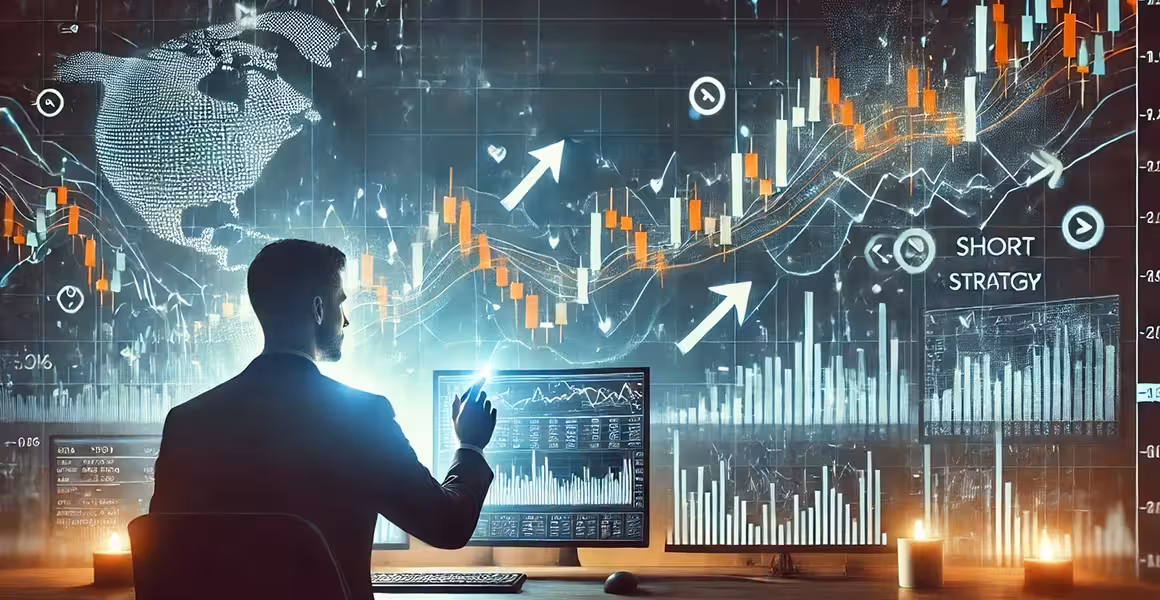 Stock charts with volatility spikes and short straddle visuals highlighting strategy risks and opportunities on a trading platform.