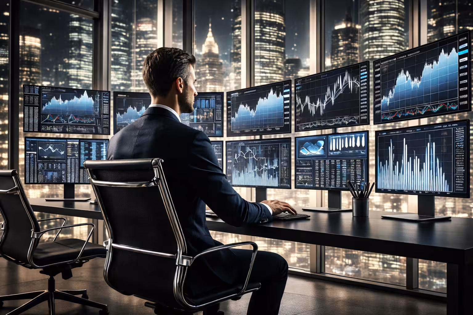 Ultra-photorealistic image of a professional stock trader analyzing financial charts on multiple monitors in a modern high-rise office overlooking a city at night.