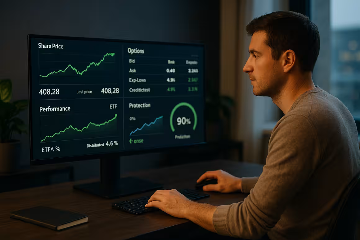 A photorealistic widescreen image of a casually dressed investor analyzing ETF performance, options data, and income metrics on a large monitor in a modern workspace. - Options-Based ETFs