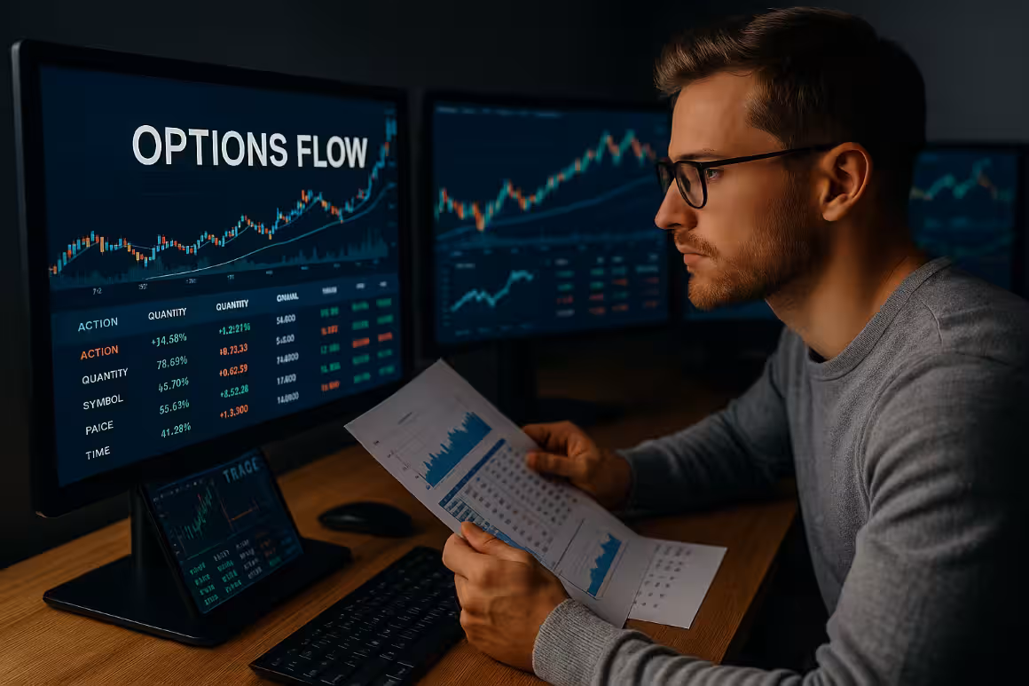 Photorealistic image of a trader analyzing charts labeled ‘Options Flow’ on multiple monitors, showing large order flow, block trades, and market data.
