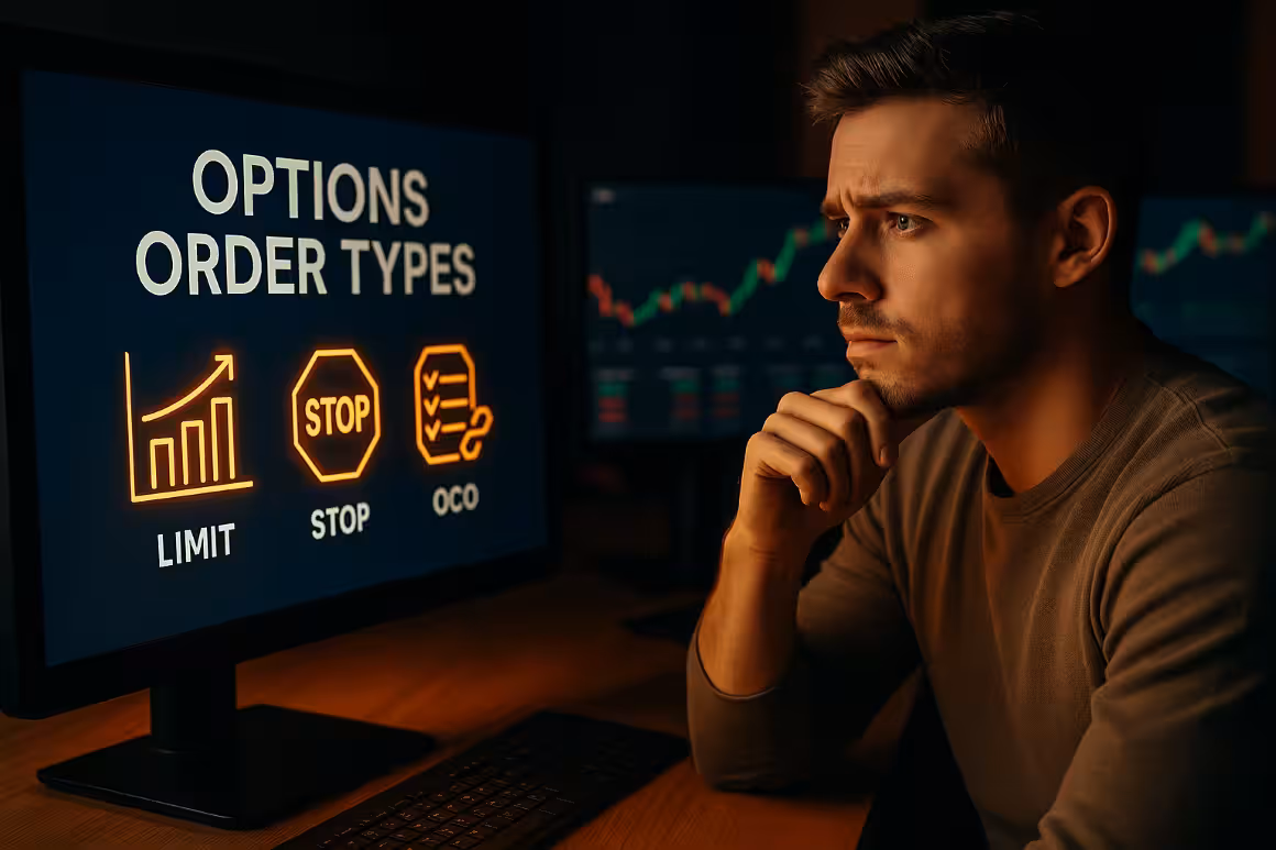 Photorealistic image of a trader analyzing limit, stop, and OCO order types on a computer screen, representing smart entry and exit tactics in modern options trading.