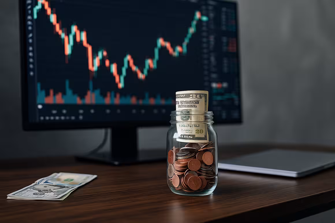 Photorealistic trading desk with charts, coins, and cash jar symbolizing options strategies for Small Accounts, showcasing financial growth with limited capital.